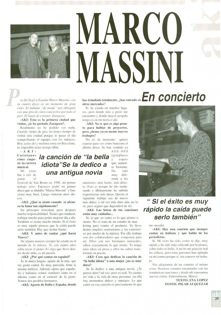 Marco Masini Entrevista Noviembre 1995 AKÍ Zaragoza Magazine